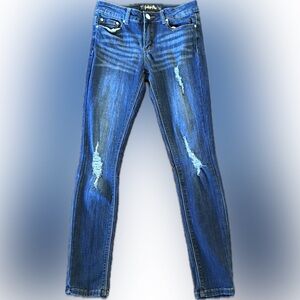 Indigo Rein | Blue distressed dark washed skinny ankle denim jeans
